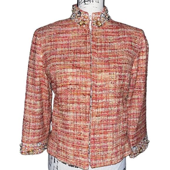 Chico’s orange & white tweed pearl collar jacket - Picture 1 of 6